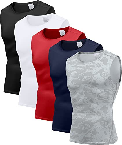 Holure Herren 5er Pack Kompressionsshirt Tank Top Quick Dry Ärmelloses Muskel Shirt Funktionsshirt Schwarz/Camo Grau/Weiß/Navy/Rot02-S