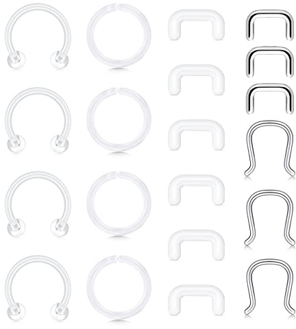 Anicina Clear Nose Rings Studs for Work Clear Piercing Retainer Hufeisen Plastic Septum Retainer Clear Flexible Belly Button Nose Septum Lip Eyebrow Tongue Nipple Rings Bioflex Industrial Barbell