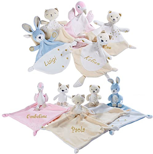 Doudou ANIMAUX personnalisé avec le prénom de bébé, CHAT, RENARD, FLAMAND ROSE, OURS, LAPIN
