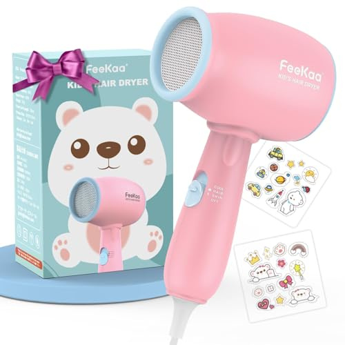 Kinderfön, 550W MiniFöhn, Kinder Föhn Mädchen Allein zu Benutzen, 3 Sicher Temperatur, Baby Föhn Leise Süß Mini Haartrockner Klein, Reisefön für Kinder Leicht, Kinder Geschenke mit DIY Aufkleber(Rosa)