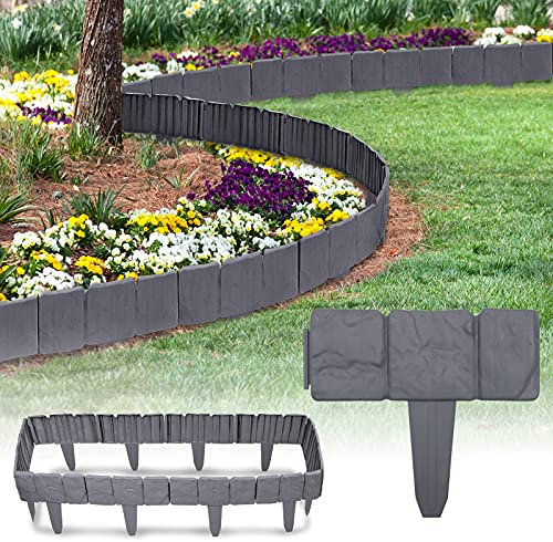 Yznahre 5 m Rasenkante in Steinoptik Anthrazit Beetumrandung Mähkante Randsteine Beeteinfassung Gartenzaun aus Kunststoff, 1 Element (L x H): 25 x 23 cm, 20 Stücke