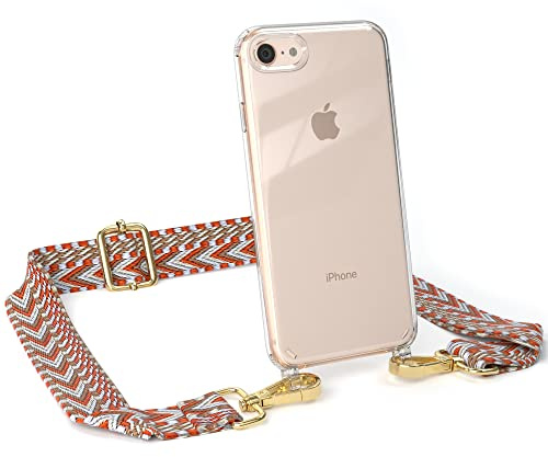 EAZY CASE Handykette - Verstellbares Taschenband kompatibel mit iPhone SE (2022/2020) / iPhone 8/7, Schulterriemen, Handykordel mit Silikon Hülle, Umhängetasche, Blau Rot Gold