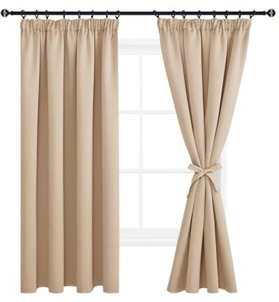 DWCN Gardinen Blickdicht 2er Set Beige Vorhänge mit Kräuselband Verdunkelungsvorhänge Schlafzimmer Kurze Gardinen Vorhänge Küche Hellbeige mit Vorhang-Krawatten, 137x117cm(HöhexBreite), 2er Set