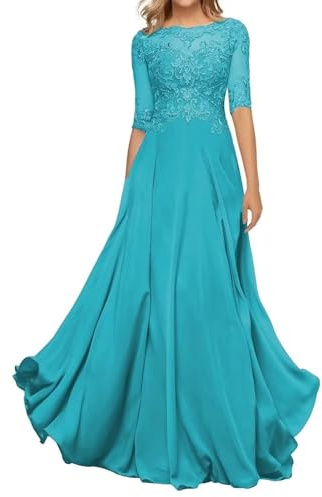 HYEC7 Women's Lace Appliques Mother of The Bride Dresses 3/4 Sleeve Long Formal Evening Dresses A Line Prom Dress Aqua