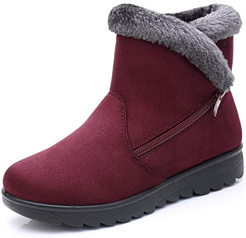 Hsyooes Stivaletti Donna Stivali da Neve con Pelliccia Caldo Scarpe Boots Invernali Antiscivolo Caviglia Piatto Stivaletti All'aperto Comodi Leggeri,Rosso,Produttore 255/EU40