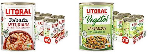 LITORAL Fabada Asturiana - Plato Preparado de Fabada Asturiana Sin Gluten - Pack de 6x420 g & Vegetal Garbanzos con Espinacas - Plato Preparado Sin Gluten - Pack de 10x425g - Total: 4.25kg