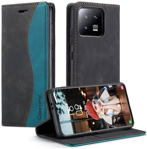 Casecond für Xiaomi 13 5G Hülle Handyhülle Leder Flip Case Magnet Magnetisch Klappbar Klapphülle Wallet Lederhülle RFID Schutzhülle Schwarz und Blaugrün