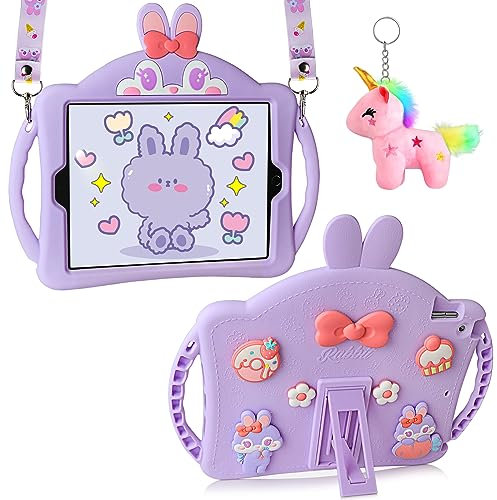 Aolcev for iPad 9th 8th/7th Generation Case 10.2 Heavy Duty Shockproof with Kickstand Lanyard Unicorn Keychain for Girls Kids Cute Tablet Protective Cover for iPad 10.2 inch Case 2021/2020/2019-Purple