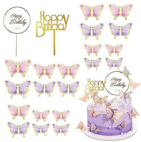 20Pcs Mixed Colored 3D Butterfly Cake Topper Mixed Size Butterfly Cupcake Toppers Cake Decorations with 2 Happy Birthday Cake Topper for Birthday Theme Wedding Party Supplies Wall Decoration