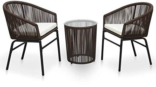 Homgoday 3-TLG. Bistro-Set mit Kissen Gartenmöbel Set Sitzgruppe Essgruppe Stühle und Tisch Gartengarnitur Balkonset Garnitur für Garten Hof Terrasse und Balkon PE-Rattan Braun