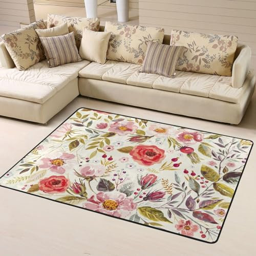 Gearsly Teppich für Wohnzimmer, 120 x 160 cm, Vintage-Stil, Blumen, Rose, Beeren, rutschfest, weich, leicht zu reinigen, waschbar, traditioneller Teppich für Schlafzimmer, Küche, Flur, Esszimmer