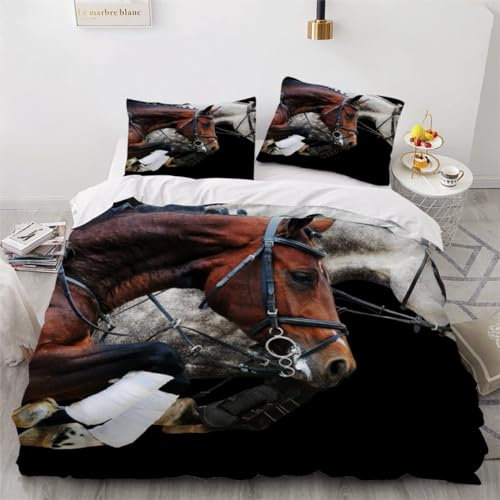 MEVASA Kinder Bettwäsche Pferd Tiere Pferde Bettwäsche 155x220 Mädchen Junge Hypoallergen Flauschige Bettwäsche Set 3 Stück Mikrofaser Kinder Bettbezug mit Reißverschluss
