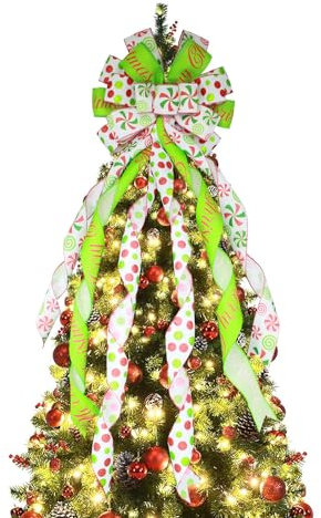 Svnntaa Weihnachtsbaumspitze, Kranz, Schleife, handgefertigt, große grüne Weihnachtsschleife, Baumspitze, 111,8 x 33 cm, rot-grüne Punkte, Geschenkschleife für Weihnachten, Ornament, Urlaub,