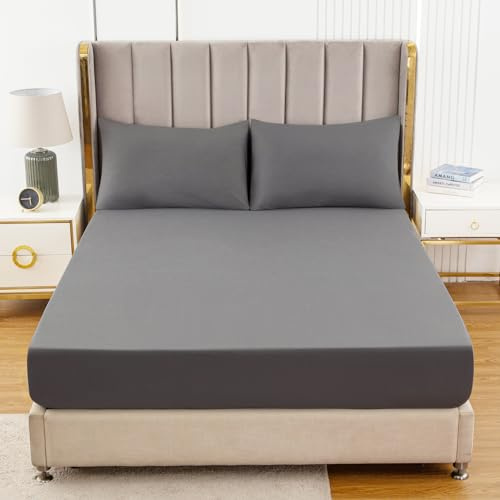 Soifox King Size Fitted Sheet Dark Grey - Bed Sheets with Extra Deep Pocket 16 inch (40 cm), Soft Microfiber Bottom Sheet for Kingsize Bed, 150x200cm