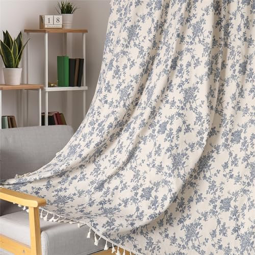 Moslovstar 1 Paar Blaue Leinenvorhänge mit Blumenmuster, rustikaler Landhausstil, lichtdurchlässige Stangentasche, Fenstervorhänge, beige Quasten, 132 x 214 cm
