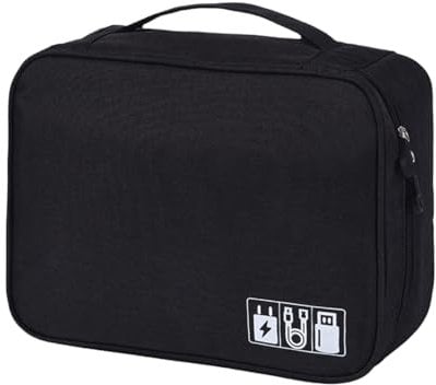 FAVORTALK Cable Bag Travel Gadgets Organiser 3-Layers Universal Electronics Accessories Bags with Handle for Chargers Drive SD Card Power Bank and Hard Disk, Black 1 B21610
