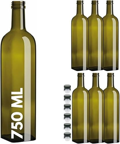 acquaverde | 6 Bottiglie Marasca in Vetro Scuro Uvag, Bottiglia per Olio e Liquori da 750 ml con Tappo Dosatore