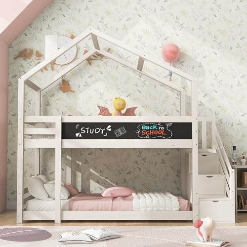 Lit cabane Enfants 90x200 Lit superposé Enfant lit Double lit Simple avec cheminée, Rangement et Protection Anti Chute, lit Mezzanine pour Enfants avec Tableau Blanc