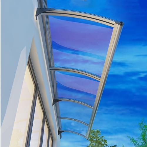 Vordach Für Haustür mit Regenrinne Transparente Polycarbonat Silberne Aluminiumklammer Überdachung Markise Haustürdach Pultvordach für Draußen Haus Balkon Garage Fenster (120×310cm)