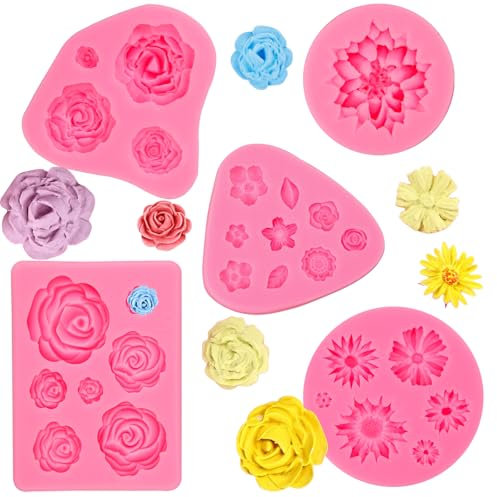5 PCS Silicone Moulds - Chocolate Daisy & Rose 3D Flower Icing Moulds for Cake Decorating, Baking, Wax, Soap, Candy, Jelly & Sugarcraft