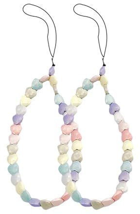 Cipszoely 2 Pcs Beaded Phone Charms, Pink Purple Heart Monile Phone Bracelet Strap for Women Girl