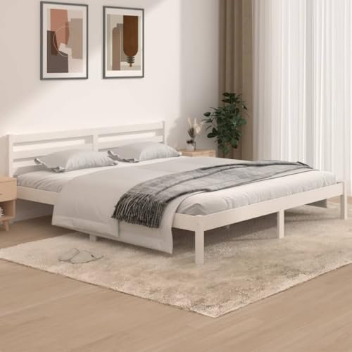 Hommdiy Massivholzbett Bettgestell Bett Holzbett Einzelbett Bettrahmen Lattenrost Schlafzimmerbett Schlafzimmermöbel Kiefer,Weiß,180 x 200 cm