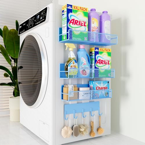 Magnetische Regale für Waschmaschine, robust, magnetischer Wäsche-Organizer mit Haken, Waschmaschinenregal für Kühlschrank, Metall-Aufbewahrungskörbe, Schrank und Waschküchen-Organisation (blau), 4