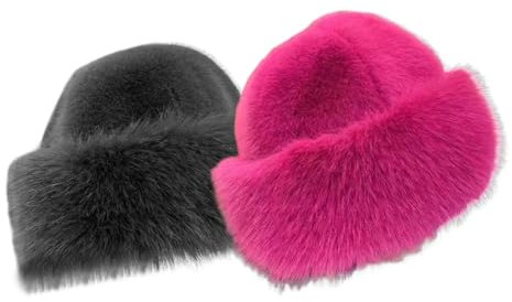 iSpchen Fischerhut Damen Winter Flauschige Bucket Hat Warme Anglerhut Wintermütze Winter Warm Plüsch Eimer Hut Kunstpelz Fellmütze,rosarot+dunkelgrau