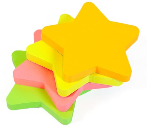 EVG Haftnotizen Sternform, 76 mm x 76 mm, 100 Blatt pro Block, 4 Stück | Evergreen Goods Selbstklebende Neonfarbene Memo-Pads (Gelb/Grün/Rosa/Orange) | Für Büro, Zuhause, Schule | 4 Stück