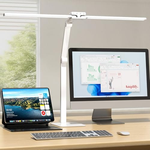 KableRika Schreibtischlampe LED Doppelkopf: 24W Dimmbar Schreibtischleuchte mit Metallbasis - Augenschutz büro tischlampe für Homeoffice - moderne tageslichtlampe beleuchtung für Monitor - Weiß