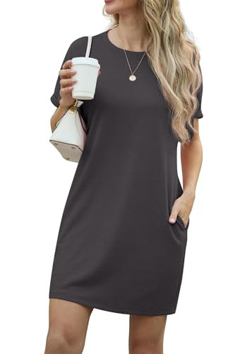 GRECERELLE Womens Summer Mini Dress Cap Sleeve Crew Neck T Shirt Short Casual Beach A Line Dresses with Pockets (Dark Grey, L)