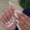 White French Tip False Nails Long Square, SXVME Floral Press on Nails Long Medium with Rhinestone Butterly Design Pink Fake Nails Coffin Natural Glue on Nails Acrylic Stick on Nails for Women Nail Art