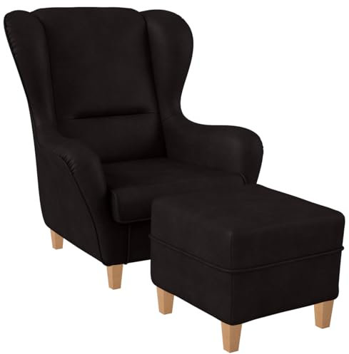 Supellex Sofia Ohrensessel mit Hocker | Design Kunstleder Milano Schokoladenbraun