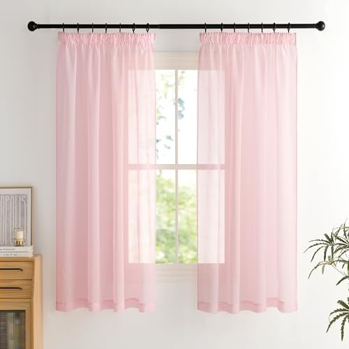 PONY DANCE Kurzer Vorhang Transparent Voile Gardinen mit Kräuselband | Rosa,H160 x B140 cm,2er Set,Vorhang Durchsichtig für Schlafzimmer,Gardinen Schienensystem,Sheer Curtains,Luftig