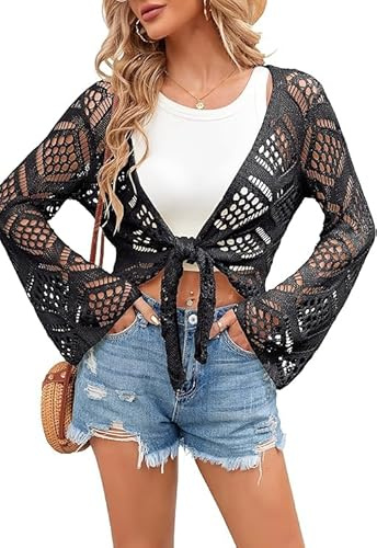 Saodimallsu Cardigan estivo da donna, scollo a V, stile boho, oversize, maniche lunghe, sexy, all'uncinetto, cardigan da spiaggia, bikini