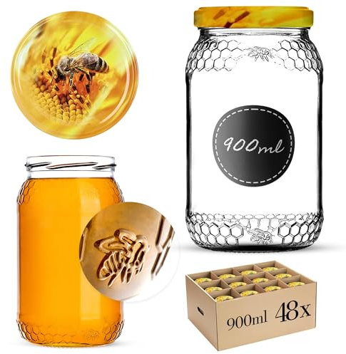 KADAX Lot de 48 bocaux à miel, 900 ml, avec couvercle à visser fi82 mm, pour le miel, les pots à confiture, verres à vis, motif d'abeille