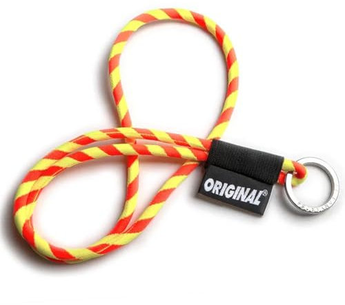 OLLIE TRICK LANYARD Porte-clé à cou lanière tubulaire tube long original avec anneau métal pour clés maison voiture et gadgets – Cordon épais 8 mm coloré robuste et autocollants, Jaune orange, Taille