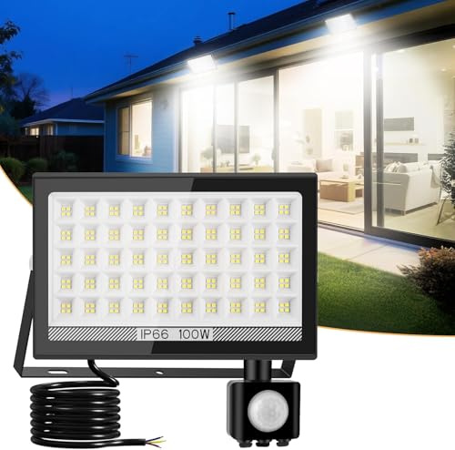 T-SUN 10000LM Faretto LED da Esterno con Sensore di Movimento 100W, IP66 | 6000K Faro LED Esterno Impermeabile, Faretti Leds per Interno Alimentazione di Rete per Giardino Patio Garage, Bianco Freddo