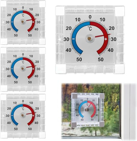 4 Stück Fensterthermometer Aussen Selbstklebend - 7,5x7,5 cm Analoges Aussenthermometer Wetterfest, Thermometer Fenster für Innen & Außen sowie Transparente Türen/Fenster zur Genauen Temperaturmessung