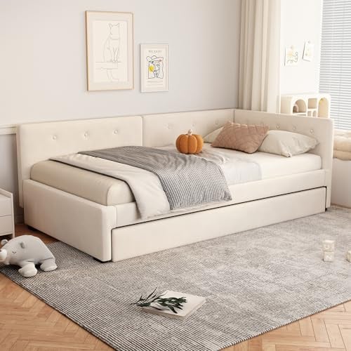 LinoraFurn Daybett 90X200cm, Tagesbett mit Rollbett, Schlafsofa, Einzelbett (Ohne Matratze), Minimalistisches Styling (Beige)