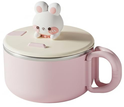 NASSMOSSE Bol à ramen avec couvercle, 1200 ml, motif lapin mignon, avec poignée et support pour téléphone. Doublure en acier inoxydable pour soupes et nouilles
