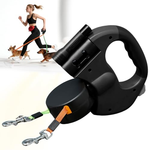 3m Hundeleine Doppelleine für 2 Hunde, Rollleine Einziehbare Hundeleine mit LED Licht, Automatische Hund Versenkbar Leine, Flexileine, Anti Rutsch Griff für Kleine Und Mittelgroße Hunde (Schwarz)