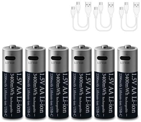 6 Stück 1.5V AA 2200mAh Lithium Akku, 1.5Volt 3400mWh AA Li-ion Akkus Wiederaufladbare für Fernbedienung/Controller/Spielzeug/Radio,2 in 1 USB Typ-C Ladekabel,2 Stunden Schnellladung,1200 Ladezyklen