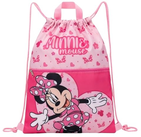 Disney Minnie Mouse Turnbeutel Sportbeutel Kindergartentasche, Gymsack, Rucksack, Spieltasche, Schuhbeutel, extra Fach, Minnie Maus, große Öffnung, leicht (Rosa-Rosa)