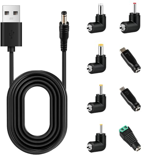 Cavo di alimentazione universale da 5 V USB a DC, 5,5 mm x 2,1 mm con 8 connettori jack (5,5 x 2,5, 4,8 x 1,7, 4,0 x 1,7, 3,5 x 1,35, 2,5 x 0,7 Micro USB, tipo C, connettore LED) per micro tablet