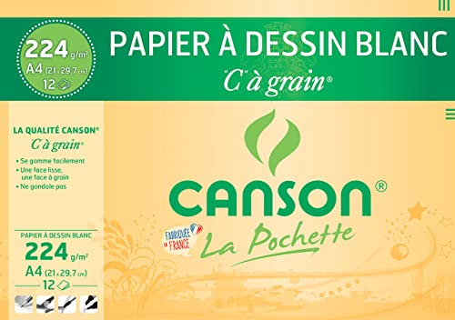 CANSON C à Grain - Pochette 12 feuilles de papier dessin blanc A4 - 224g/m²