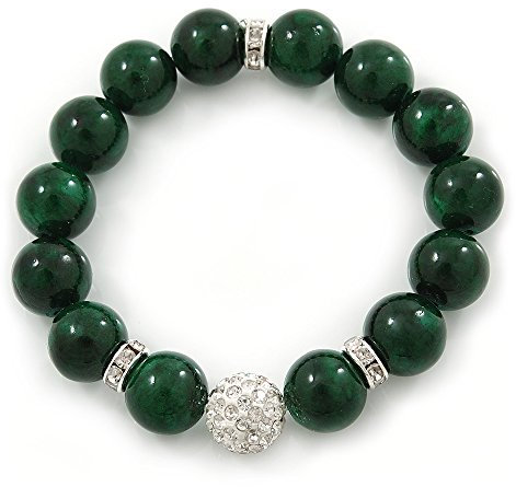 Avalaya 12mm Green Agate Stone With White Crystal Disco Ball Flex Bracelet - 18cm L
