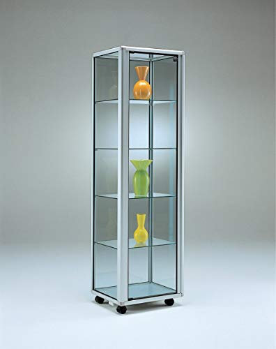 MHN Glasvitrine mit Rollen T 55,5 x B 55,5 x H 184,5 cm - schmale Glas Standvitrine abschließbar - Ausstellungs-Vitrine - LED-Beleuchtung