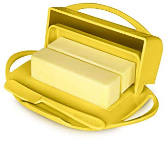 Butterie Butterdose mit Klappdeckel & passendem Messer, für 2 Stäbchen/europäische Butter, No-Mess Butterhalter, bruchsicher, spülmaschinenfest, Gelb