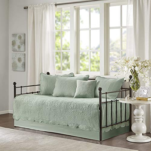 Madison Park Daybed Cover Set Damask Quilted Cover for Daybeds, All Season, Pre-Washed Cotton-Filled Coastal Bedding Scallop Edge, Shams, Bedskirt, Décor Pillows, Tuscany, Seafoam, 39x75, 6 Piece